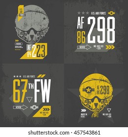 Modern American Air Force Old Grunge Effect Tee Print Vector Design Set. Premium Quality Superior Pilot Helmet And Number Logo Concept. Shabby T-shirt U.S. Aircraft Emblem.