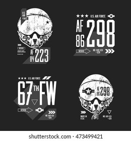 Modern American air force old grunge effect tee print vector design set. Premium quality superior pilot helmet and number logo concept. White t-shirt U.S. aircraft emblem isolated on dark background.