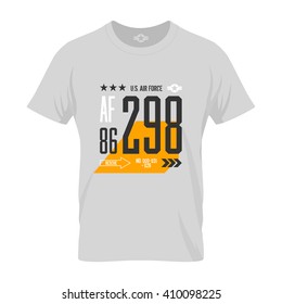 Modern american air force tee print vector design. Premium quality superior number logo concept. T-shirt U.S. aircraft mock up.