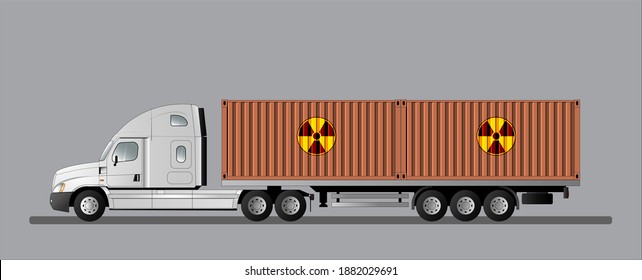 Modern American car with a semitrailer for transporting containers with nuclear fuel. Radiation hazard.