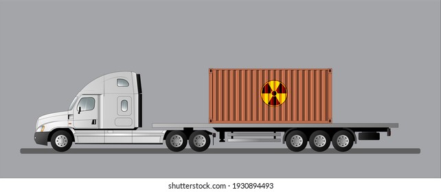 Modern American car with a semitrailer for transporting containers with nuclear fuel. Radiation hazard.