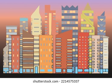 Modern American city with skyscrapers in the evening. Hand Drawn. Freehand drawing. Doodle. Sketch. Outline.	