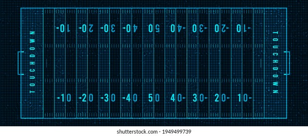 Campo de fútbol americano moderno sobre fondo de tecnología digital, vector.