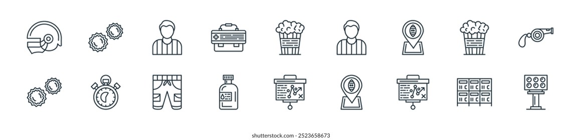 modern american football icon pack. perfect for linear ui designs featuring vector lights, locker, strategy, location, strategy, water bottle, short and more icons for mobile and web apps.