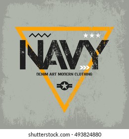 Modern american navy grunge effect tee print vector design isolated on light background. Premium quality superior military shabby logo concept. Threadbare warlike label for light t-shirt.