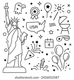 Modern American patriotic seamless line style pattern with the statue of liberty, balloon, firework, and with many more elements. Vector design.