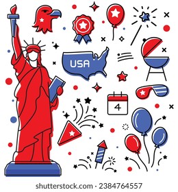Modern American patriotic seamless pattern design with the Statue of Liberty, balloons, fireworks, and many more elements. Vector design.