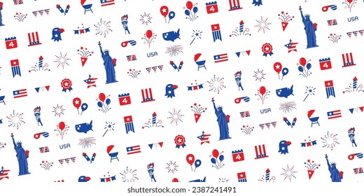 Modern American seamless pattern, USA flag, the Statue of liberty, firework, us map, and many more. Vector illustration.