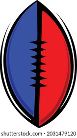 Modern American style football icon, emblem or logo in red, blue and black with laces facing out. Vector eps graphic design.