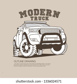 Modern american truck design.Isolated outline drawing vector illustration.