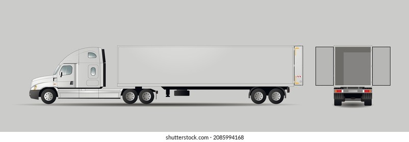 Modern American truck with open trailer doors. Side and back views. Delivery van isolated. Flat vector illustration.