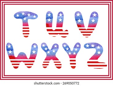 Modern American watercolor alphabet. Watercolor font. ABC painted letters. Modern brushed lettering. Painted alphabet