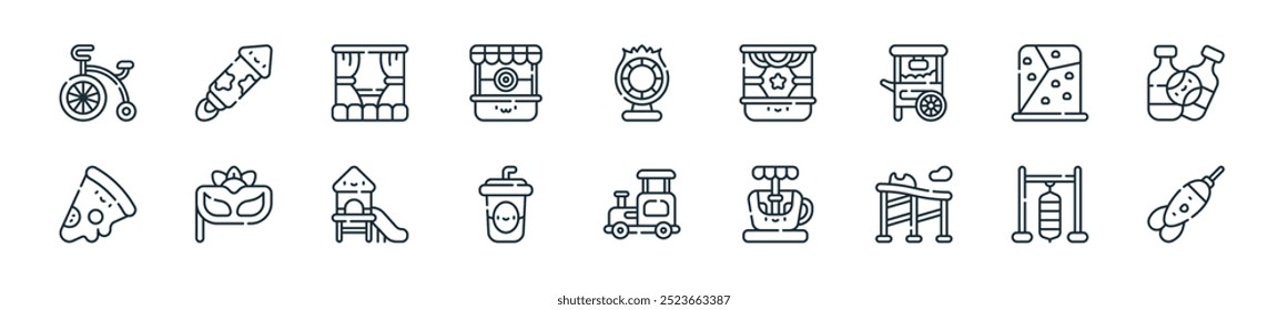 moderno parque de diversões ícone pack. perfeito para projetos de iu linear com dart vetor, escadas, montanha-russa, spinning xícara, trem mini, bebida, playground e mais ícones para aplicativos móveis e web.