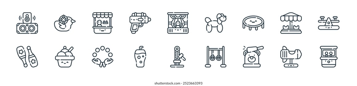 modern amusement park icon pack. perfect for linear ui designs featuring vector arcade hine, ride, whack a mole, gymnastic rings, high striker, beverage, juggling and more icons for mobile and web