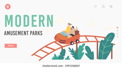 Modern Amusement Park Landing Page Template. Mother and Son Characters Riding Roller Coaster, Family Extreme Recreation, Fun Fair Carnival, Leisure, Vacation Relax. Cartoon People Vector Illustration