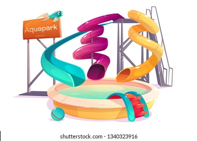 Modern amusement park water attractions, various shape, curved slides going to swimming pool cartoon vector isolated on white background. Aquapark playground for barefoot play and kids entertainment