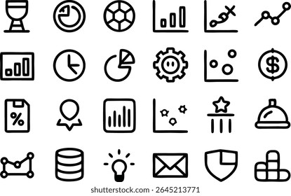 Moderna colección de iconos de análisis con iconos de contorno limpios perfecta para visualizar cuadros de control de inteligencia empresarial, gráficos de métricas de marketing y evaluación de rendimiento