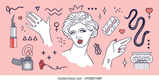 Modern ancient aesthetic - set of hand drawn stickers. Classic statues in modern style, ancient marble bust of Venus goddess. Lipstick knife, razor blade, female hands, lighter, greek column, snake