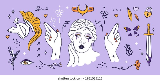 Modern ancient aesthetic - set of hand drawn stickers. Classic statues in modern style, woman ancient marble bust. Vaporwave badges. Old helmet, blood dagger, female hands, moon tiara, floral motifs