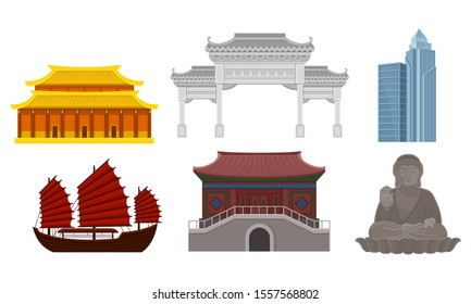 Modern And Ancient Architecture And Cultural Heritage Of China Vector Illustration Set Isolated On White Background