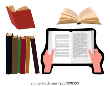 modern and ancient book illustrations, interaction with books, Ideal for use in posters, social media, advertising, or website content related to education, literature, or personal development