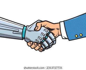 Modernes Android und menschliches Handshake. Künstliche Intelligenz und menschliche Zusammenarbeit. Vektorgrafik einzeln auf weißem Hintergrund