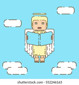 Modern angel character with a book in hands in blue sky. Stock vector illustration for save the date card, christianity, baptism holidays announcements.