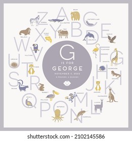 Modern animal alphabet with space for personalized baby announcement. For baby's or kids room wall art and decor. Vector Illustration.