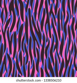 Modern animal print. Repeat pattern in half drop in a limited color palette. Black, wavy zebra stripes with a sense of dept. Isolated at a playful neon colored background of bright purple and pink.