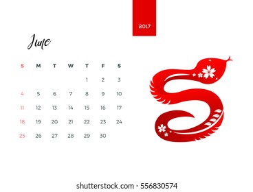 Modern Animals of the Chinese Zodiac 2017 Monthly Desk Calendar Snake Illustration, June