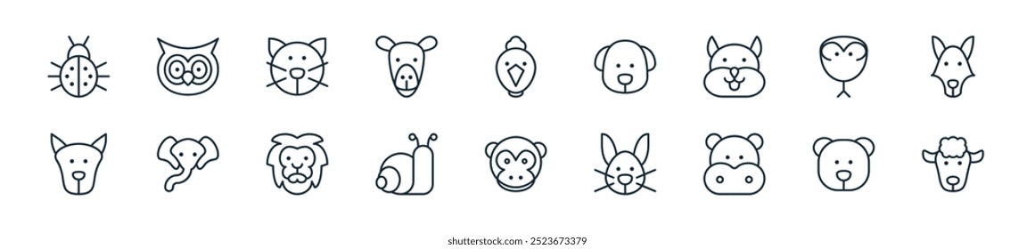 modern animals icon pack. perfect for linear ui designs featuring vector sheep, bear, hippopotamus, bunny, monkey, snail, lion and more icons for mobile and web apps.