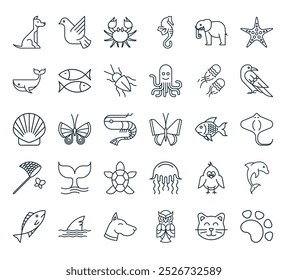 modern animals icon pack. perfect for linear ui designs featuring vector pawprint, cat face, owl, dog, fin and more icons.