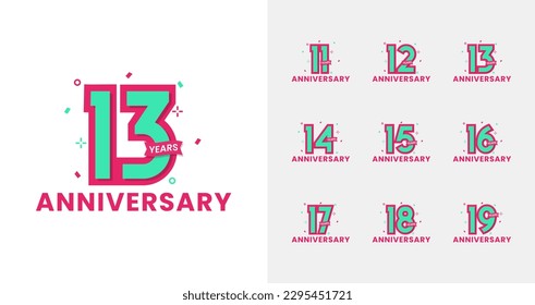 Colecciones de logotipo de aniversario moderno. Número de cumpleaños para el momento de la celebración con confetti y color de moda. conjunto de logotipos 11, 12, 13, 14, 15, 16, 17, 18, 19 años