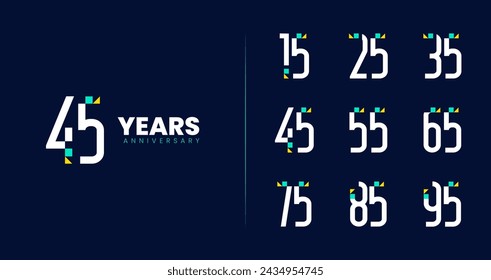 Moderne Jubiläums-Logo-Kollektionen. Geburtstagssymbol mit Technik oder futuristischem Konzept für Feierlichkeiten. 15, 25, 35, 45, 55, 65, 75, 85, 95, Zahlensymbol