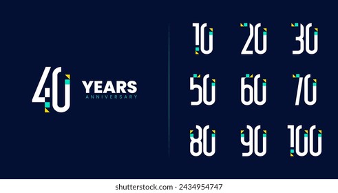 Modern anniversary logo collections. Birthday symbol with technology or futuristic concept for celebration event. 10, 20, 30, 40, 50, 60, 70, 80, 90, 100, number icon