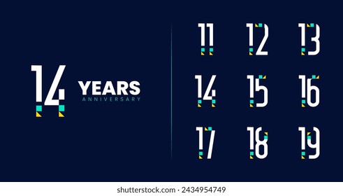 Modern anniversary logo collections. Birthday symbol with technology or futuristic concept for celebration event. 11, 12, 13, 14, 15, 16, 17, 18, 19, number icon