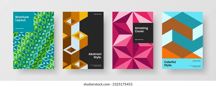 Modern annual report A4 vector design template composition. Multicolored geometric tiles pamphlet layout bundle.
