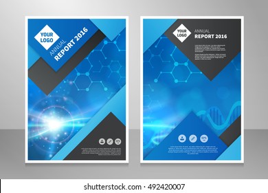 Modern annual report, brochure or book vector design template. Abstract light medical or technology background front and back side with one image.