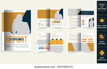 Modern annual report, brochure, company profile, magazine, and catalog template featuring a professional layout, vibrant yellow accents, and customizable sections for corporate presentations.
