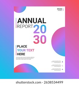 Modern annual report cover design template with white background and vibrant gradient circle elements for a creative business brochure or corporate presentation