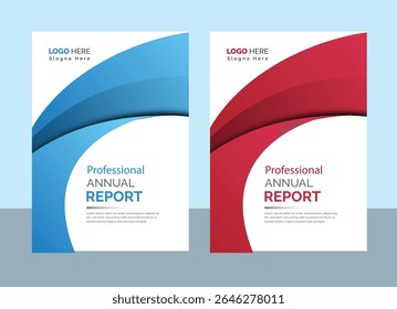 Modelo de design de capa de relatório anual moderno com cores vermelhas e azuis para negócios e apresentação corporativa para impressão