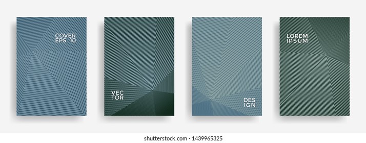 Modern annual report design vector collection. Halftone lines texture cover page layout templates set. Report covers geometric design, business booklet pages corporate templates.