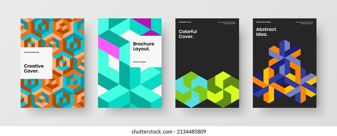 Modern annual report design vector layout set. Multicolored mosaic pattern presentation concept composition.