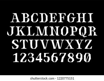 Modern antique serif font and type, english alphabet with caps uppercase letters and numerals of graved sharp style for fashion, beauty and editorial business