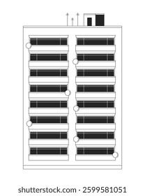 Modern apartment building with balconies 2D line object. City architecture. Residential complex. Realestate multistory housing isolated clipart vector ink outline item. Monochrome spot illustration