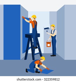 Modern apartment building block renovation and refurnishing with paint and wallpaper flat icon banner abstract vector illustration