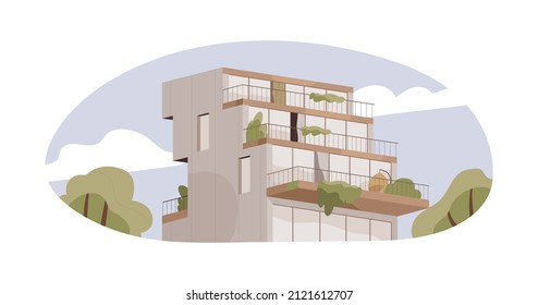 Modern apartment building exterior. Residential real estate with terraces, balconies. Contemporary architecture. Concrete and glass construction. Flat vector illustration isolated on white background.