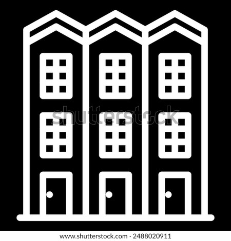 Modern apartment building glyph icon. Three connected buildings with multiple windows and doors, representing urban housing and real estate. Ideal for property and architecture themes.