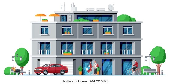 Modern Apartment Building Isolated. Exterior or Facade of Small City Apartment. Urban Fashioned Residential Brick Building. Multistory Living Houses with Balconies. Flat Vector Illustration