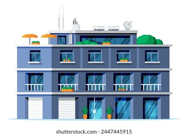 Modern Apartment Building Isolated. Exterior or Facade of Small City Apartment. Urban Fashioned Residential Brick Building. Multistory Living Houses with Balconies. Flat Vector Illustration